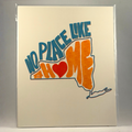 A 8x10 art print in a clear plastic sleeve, featuring the phrase 'NO PLACE LIKE HOME' in blue and orange lettering with a red heart and an orange house outline, set against a neutral gray background.