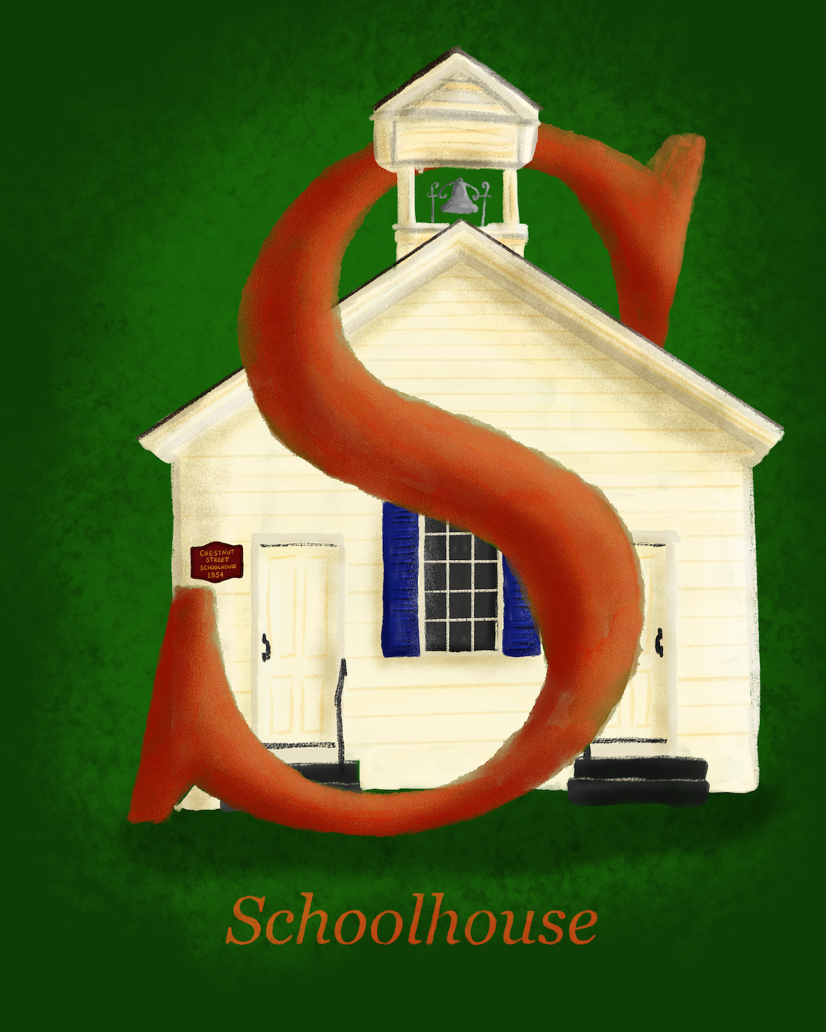 A stylized illustration of a cream-colored schoolhouse with blue shutters, a small bell tower, and a large red-orange abstract ribbon wrapping around it, set against a textured dark green background with the word 'Schoolhouse' below.
