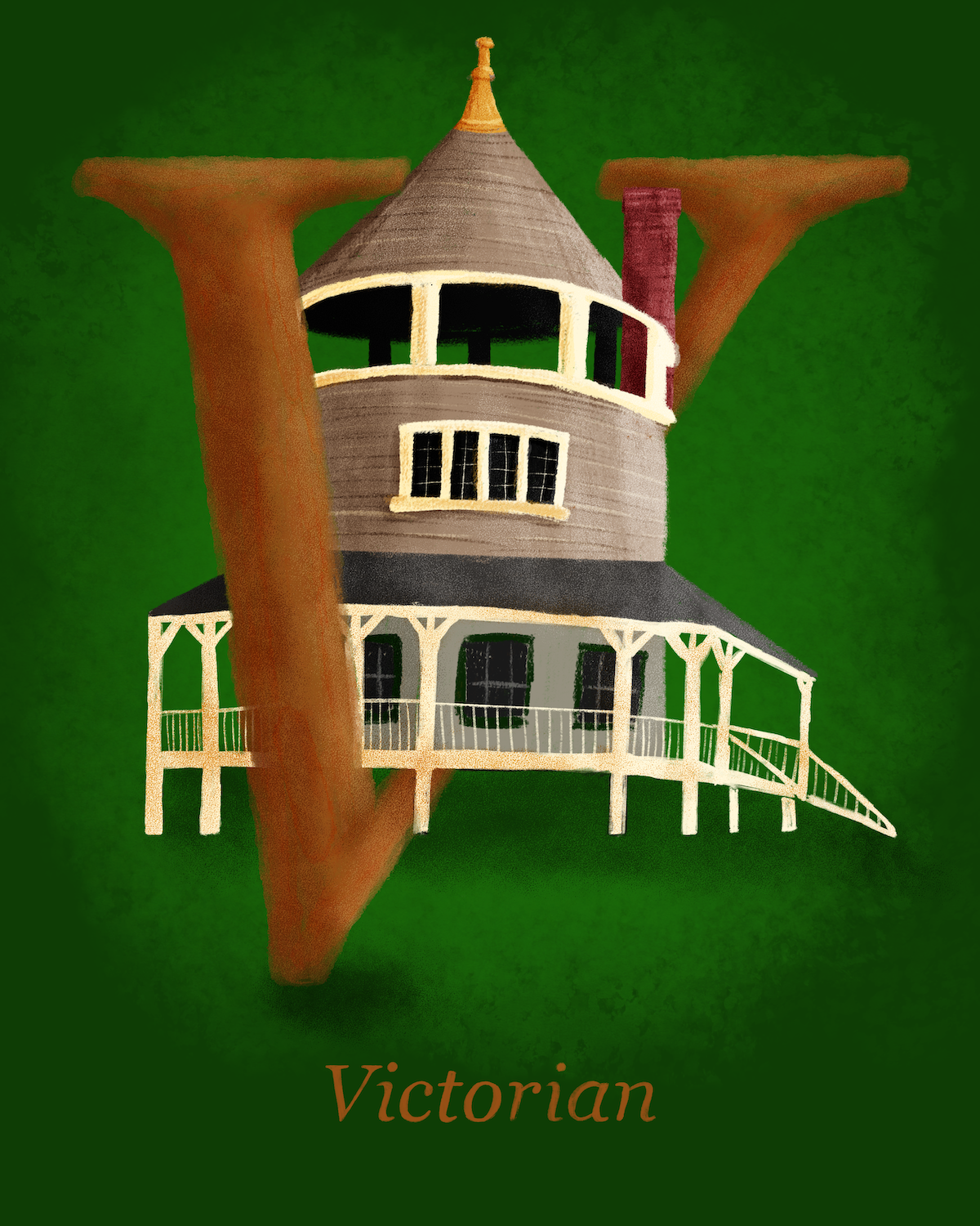 A stylized illustration of a Victorian house with a large brown letter V behind it, set against a solid green background with the word 'Victorian' at the bottom.