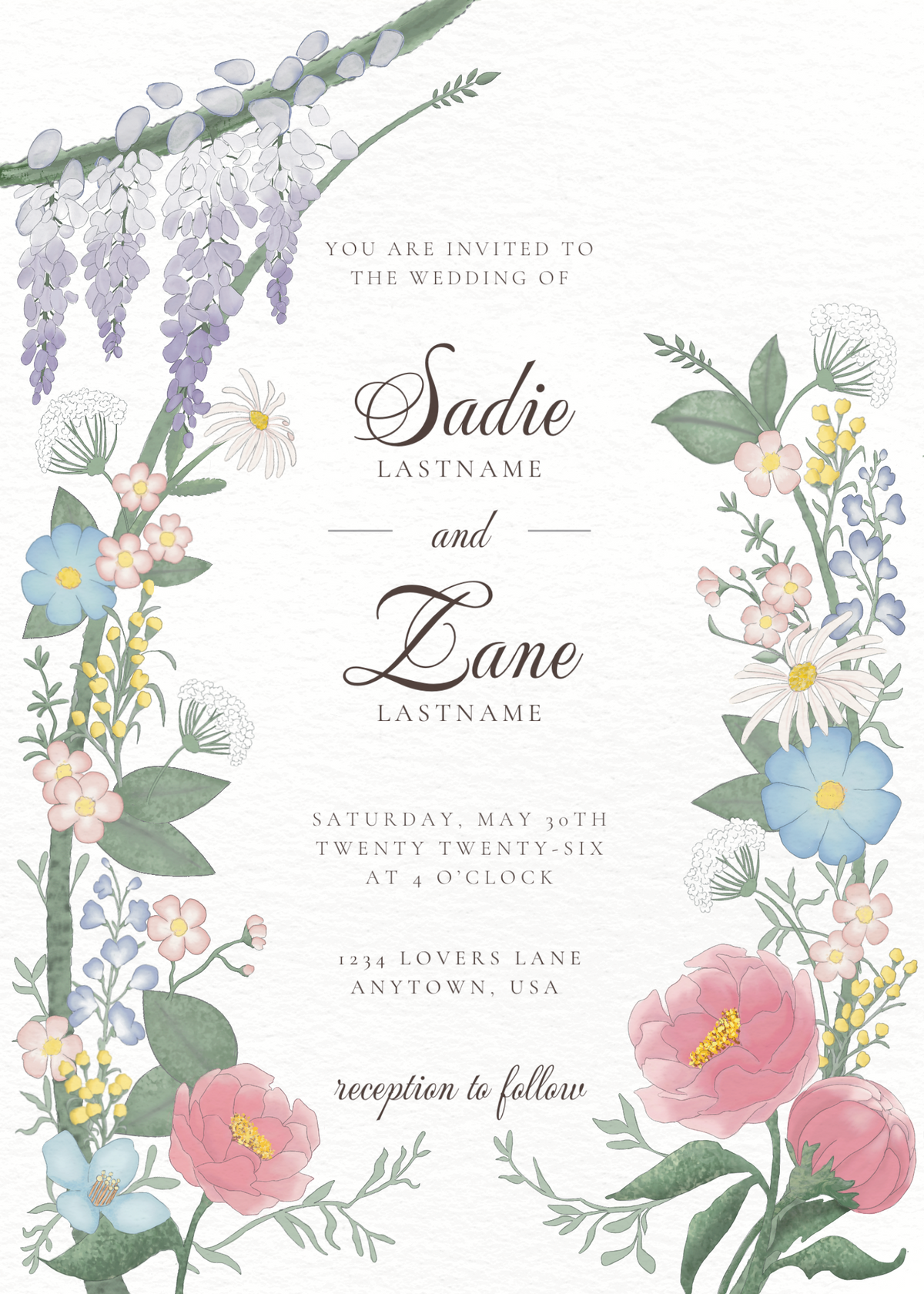 A floral wedding invitation card with watercolor-style botanical illustrations around the border and elegant black script text in the center reading 'Sadie and Zane' on a white background.