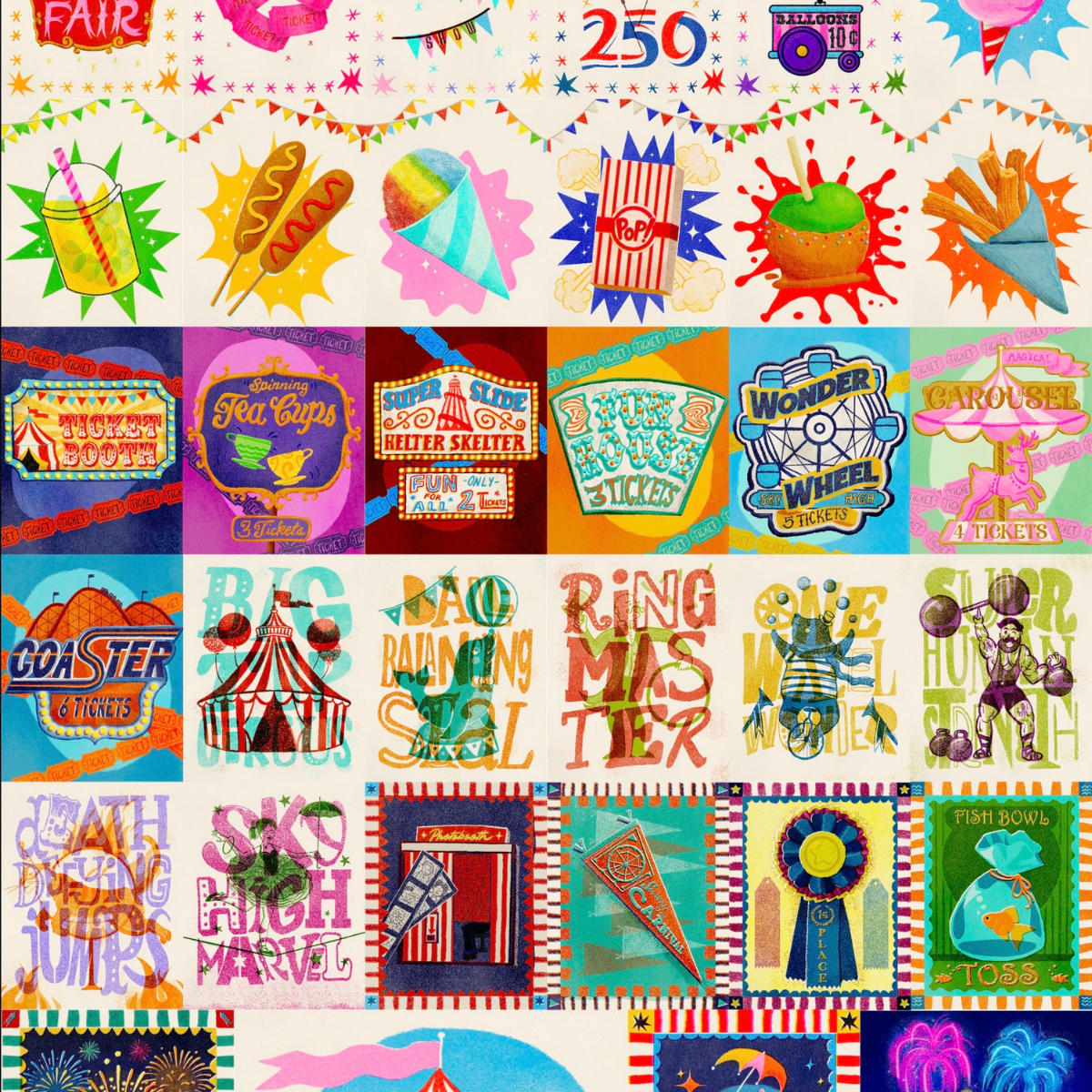 A colorful collage of vintage fair and carnival-themed illustrations, including posters, signs, popcorn, hot dogs, a circus tent, a ribbon award, and playful text such as 'Fair', 'Ring Master', 'Carnival', and 'Fun House'.