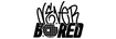 Black logo for Never Bored Studio: Never in graffiti font stacked on top of bold lettering for the word Bored with the O drawn as a disco ball.