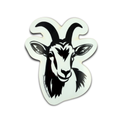 A die-cut sticker featuring a black and white graphic illustration of a goat head with curved horns, shown on a plain white background.