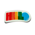 A die-cut sticker featuring the word 'HELLO' in bold vertical blocks of red, orange, yellow, green, and blue, with a blue circle replacing the letter O. 