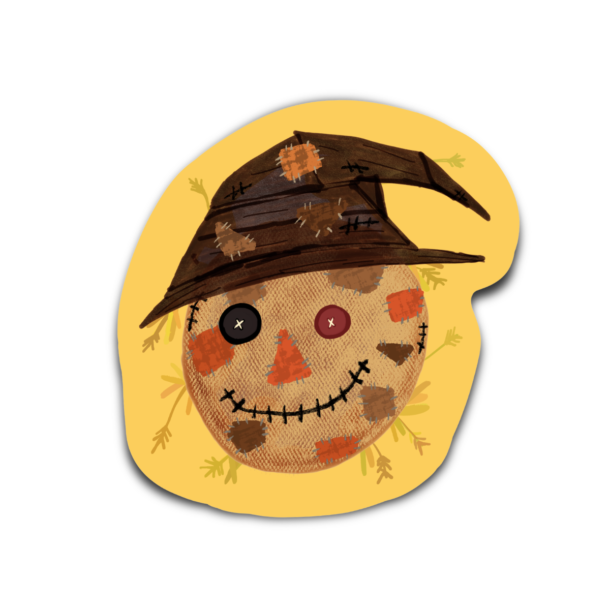 A die-cut sticker featuring a whimsical embroidered scarecrow face wearing a brown hat, set against a solid yellow background with a subtle drop shadow on a white backdrop.