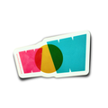 A die-cut sticker featuring a colorful geometric design with overlapping pink, yellow, green, and teal letters spelling out 'WOW' on a white border, shown on a plain white background.